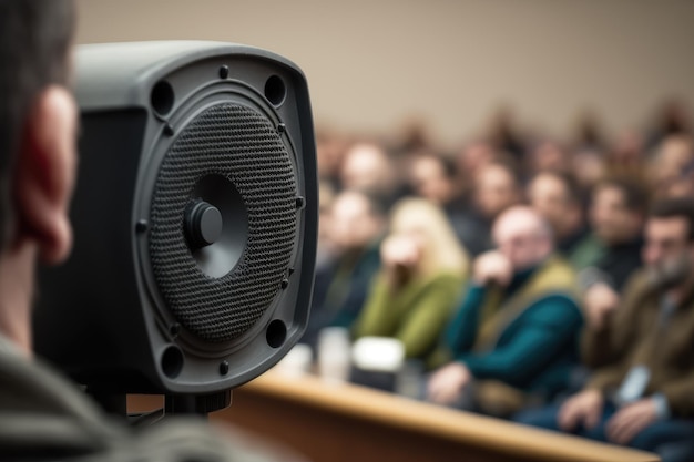 Gros plan du conférencier avec vue sur le public en arrière-plan lors de la présentation