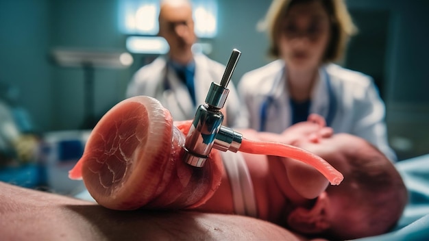 Photo un gros plan du cordon ombilical avec une pince d'un nouveau-né