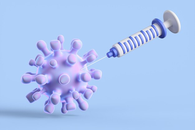 Gros plan du coronavirus et de la seringue sur fond bleu. Concept de vaccination contre le coronavirus. illustration de rendu 3D.