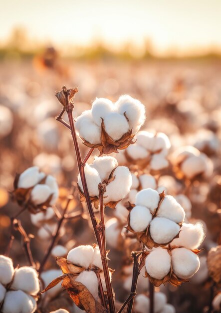 Gros plan sur du coton mûr avec de la fibre blanche qui pousse sur une plantation AI générative