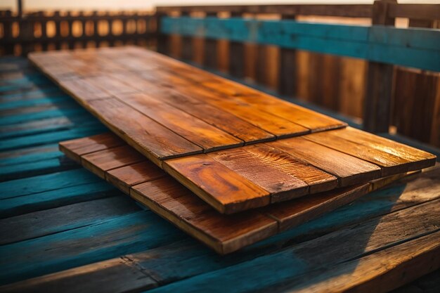 Gros plan du dessus de la table en bois ou de la texture du parquet avec fond de mur en bois du concept de planche de bois coloré pour la publicité