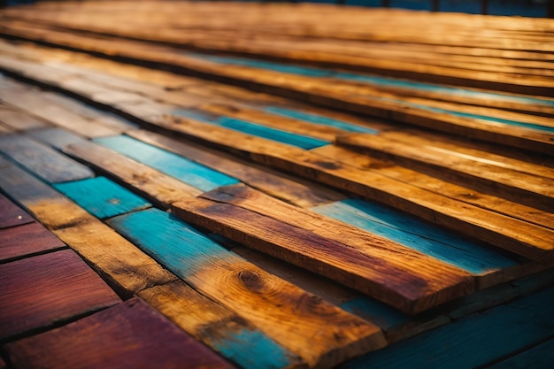 Gros plan du dessus de la table en bois ou de la texture du parquet avec fond de mur en bois du concept de planche de bois coloré pour la publicité