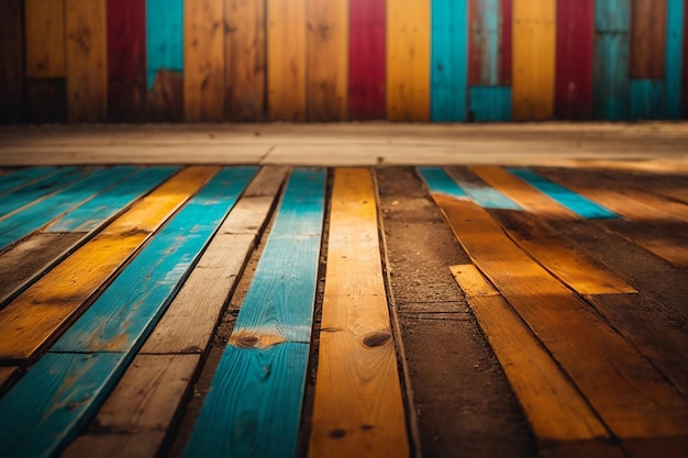 Gros plan du dessus de la table en bois ou de la texture du parquet avec fond de mur en bois du concept de planche de bois coloré pour la publicité