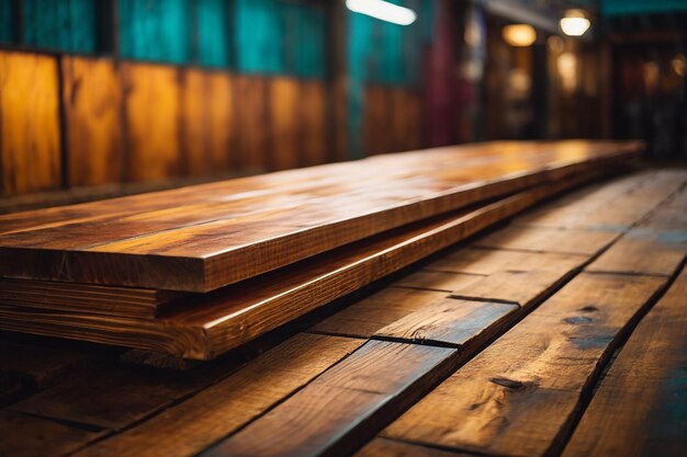 Gros plan du dessus de la table en bois ou de la texture du parquet avec fond de mur en bois du concept de planche de bois coloré pour la publicité