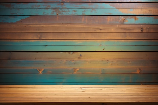 Gros plan du dessus de la table en bois ou de la texture du parquet avec fond de mur en bois du concept de planche de bois coloré pour la publicité