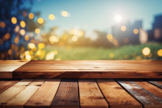 Gros plan du dessus d'une table en bois ou d'une texture de parquet avec un concept d'arrière-plan brillant pour la publicité