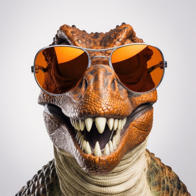 Gros plan du dinosaure avec des lunettes de soleil sur fond blanc