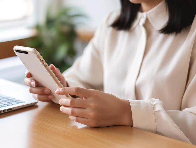 Gros plan du doigt d'une femme touchant l'écran d'un téléphone portable Femme asiatique utilisant un smartphone tout en étant assise à table avec un ordinateur portable au bureau à domicile