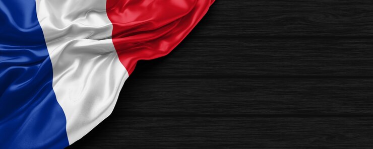 Gros plan du drapeau des États-Unis de France sur le rendu 3d de fond en bois noir