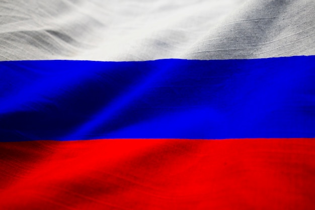Gros plan du drapeau de la Russie ébouriffé, drapeau de la Russie soufflant dans le vent
