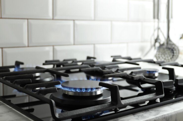 Gros plan du feu bleu de la cuisinière domestique. Cuisinière à gaz avec flammes brûlantes de gaz propane. Ressources industrielles et concept d'économie.