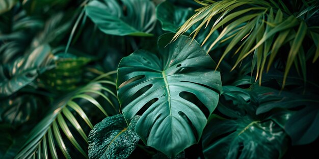 Photo un gros plan du feuillage luxuriant et des palmiers sur un fond tropical sombre