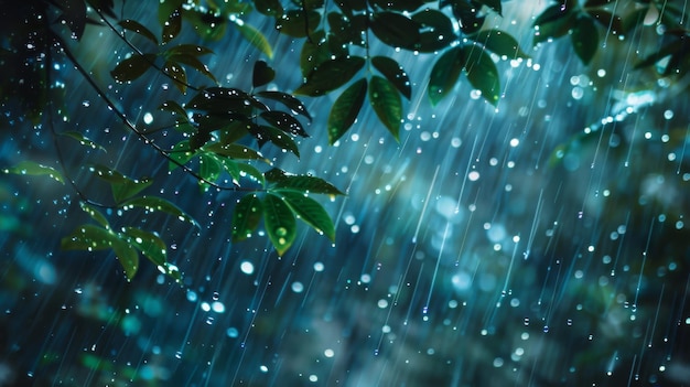Un gros plan du feuillage trempé par la pluie sous une pluie d'étoiles filantes évoquant une harmonie surréaliste de la terre et du ciel