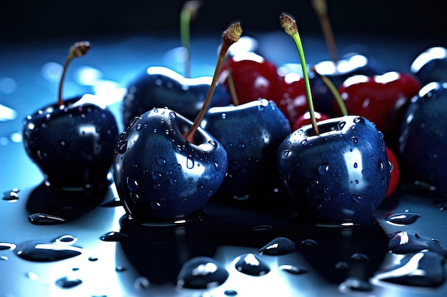 Gros plan du fond inhabituel de cerises mûres bleu vif