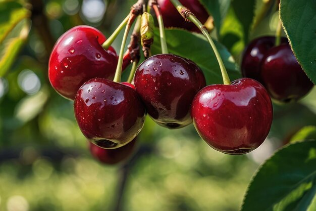 un gros plan du fruit de cerise avec un arrière-plan flou du verger fruitier