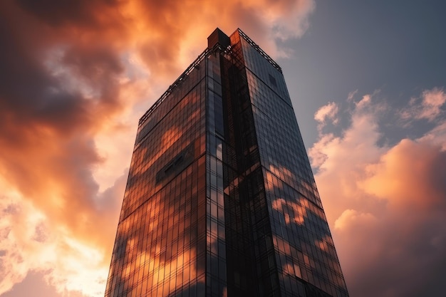 Gros plan du gratte-ciel moderne avec ciel coucher de soleil et nuages en arrière-plan