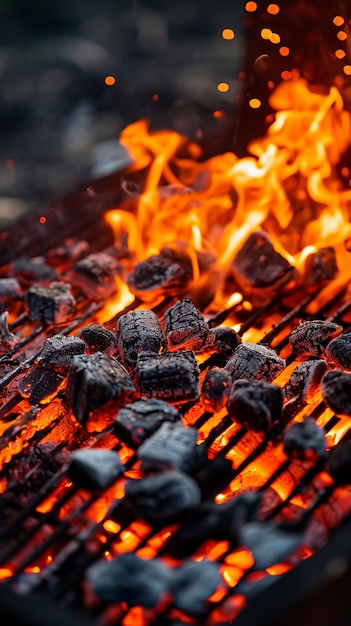 Gros plan du grill avec des charbons ardents, cuisson ardente