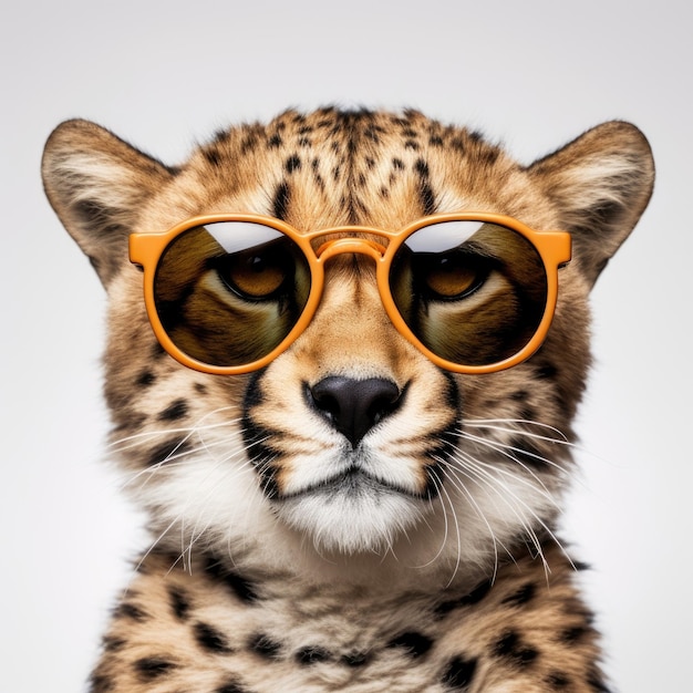 Gros plan du guépard avec des lunettes de soleil sur fond blanc