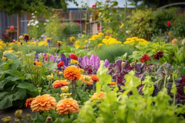 Gros plan du jardin de fleurs colorées avec des potagers en arrière-plan