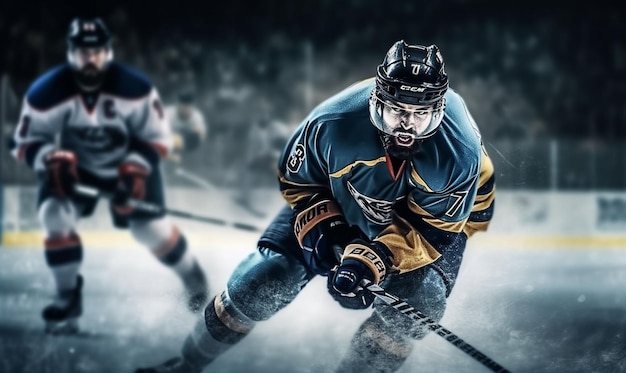 Gros plan du joueur de hockey sur glace sur le stade avec ai générative de style cinématographique