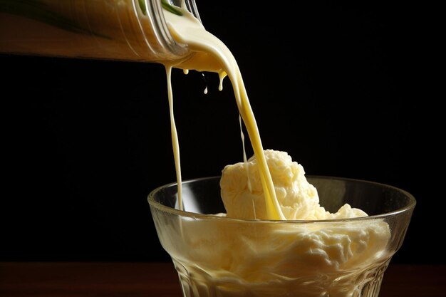 Un gros plan du jus de canne à sucre versé dans un verre avec une tranche de papaye