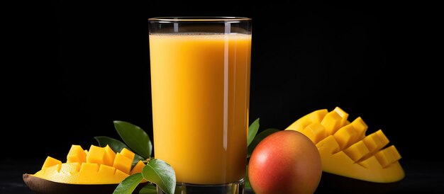 Un gros plan du jus de mangue vibrant sur un fond sombre capturé dans une image de haute qualité