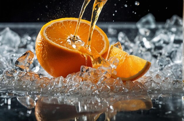 Un gros plan du jus d'orange versé sur le cru