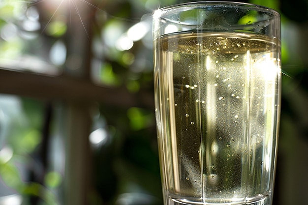 Un gros plan du jus de pomme dans un verre transparent avec la lumière naturelle qui brille à travers