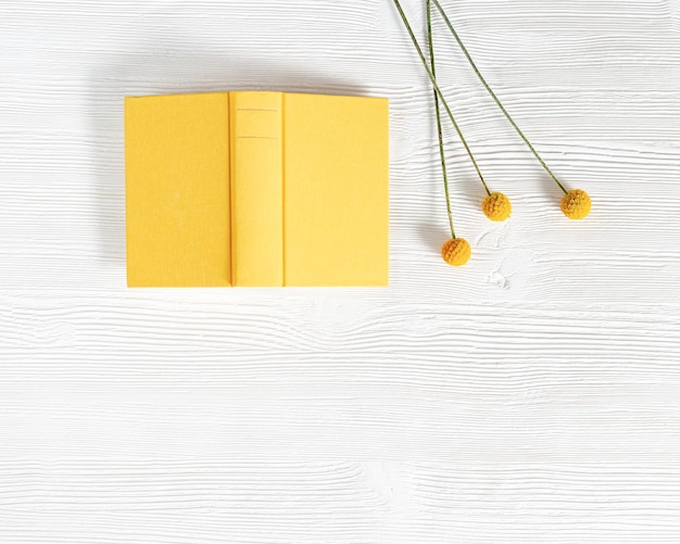 Photo gros plan du livre ouvert en couverture jaune sur une table en bois blanche concept de lecture de livres