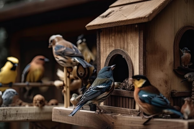 Gros plan du nichoir avec une variété d'oiseaux et de plumes sur le chargeur créé avec une IA générative