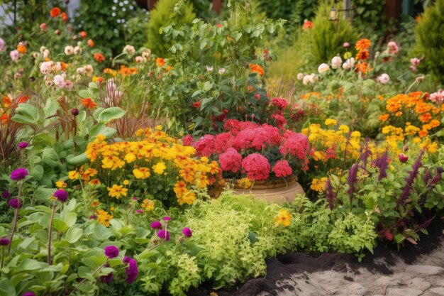 Gros plan du parterre de fleurs avec des fleurs et des fruits éclatants