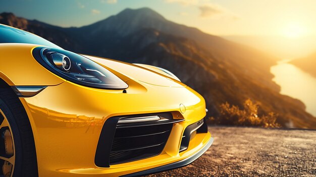 gros plan du phare et du capot d'une voiture jaune sur le fond des montagnes