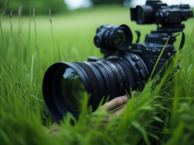 Gros plan du photographe prend des photos sur le fond de l'herbe