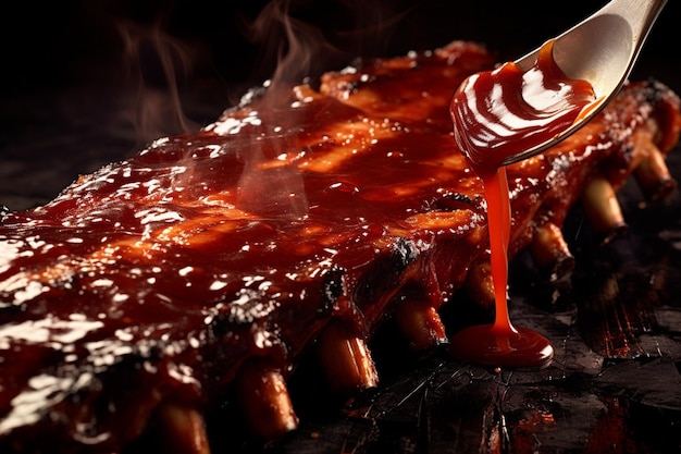 Photo un gros plan du porc au barbecue en train d'être glacé avec de la sauce