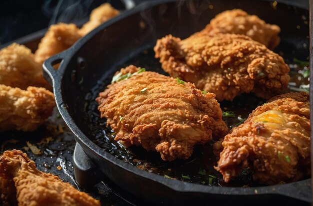 Un gros plan du poulet frit étant frit dans un castiron