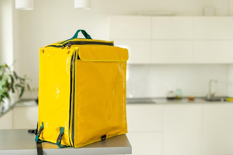 Gros plan du sac à dos de livraison, sac de livraison de nourriture jaune.