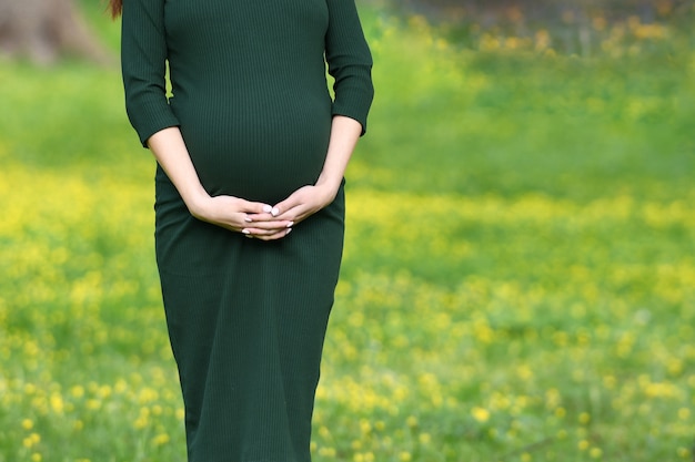 Gros plan du ventre de femme enceinte. Gros plan sur le ventre d'une femme enceinte vêtue d'une longue robe verte, un nouveau concept de vie, un lieu d'écriture. Copyspace.