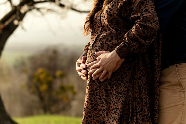 Gros plan du ventre d'une femme enceinte qui est étreinte par les bras de son mari coeur sur le ventre futurs parents couple enceinte marchant dans la nature