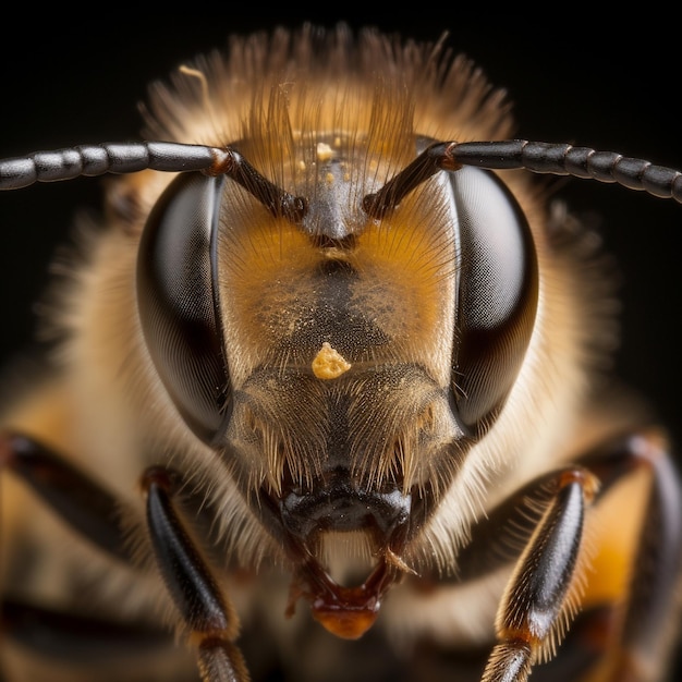 Un gros plan du visage d'une abeille avec un fond noir