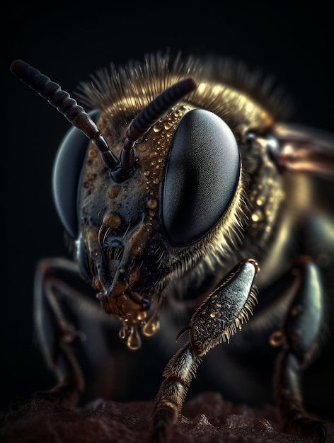 Un gros plan du visage d'une abeille avec un fond noir