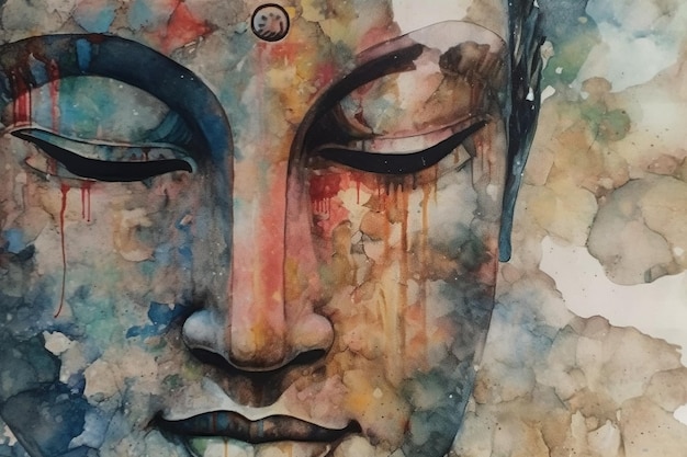 Un gros plan du visage de Bouddha révèle une sérénité et une sagesse profondes rendues par de délicats traits d'aquarelle AI générative