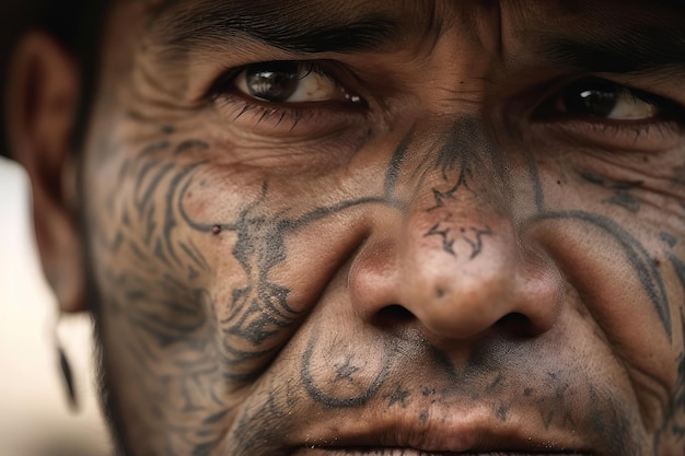 Gros plan du visage de cow-boys avec des tatouages complexes et des cicatrices visibles