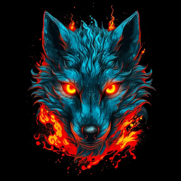 Gros plan du visage du loup avec des flammes rouges et bleues Generative AI