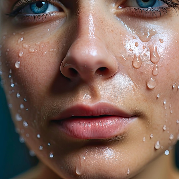 Photo gros plan du visage d'une femme avec des gouttes d'eau