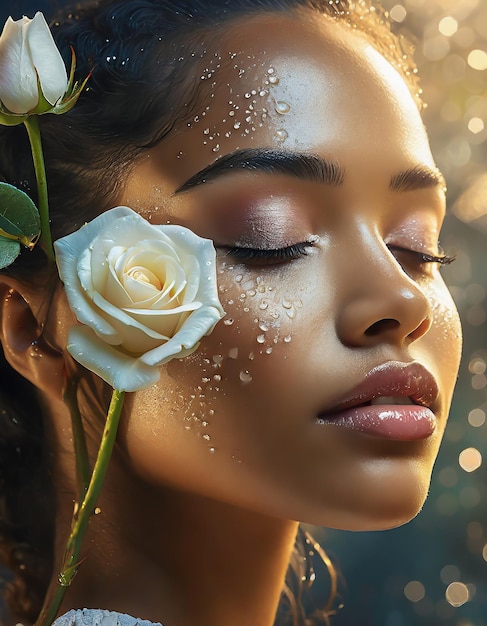 Un gros plan du visage d'une femme ornée d'un pétale de rose blanc et de sa peau étincelante