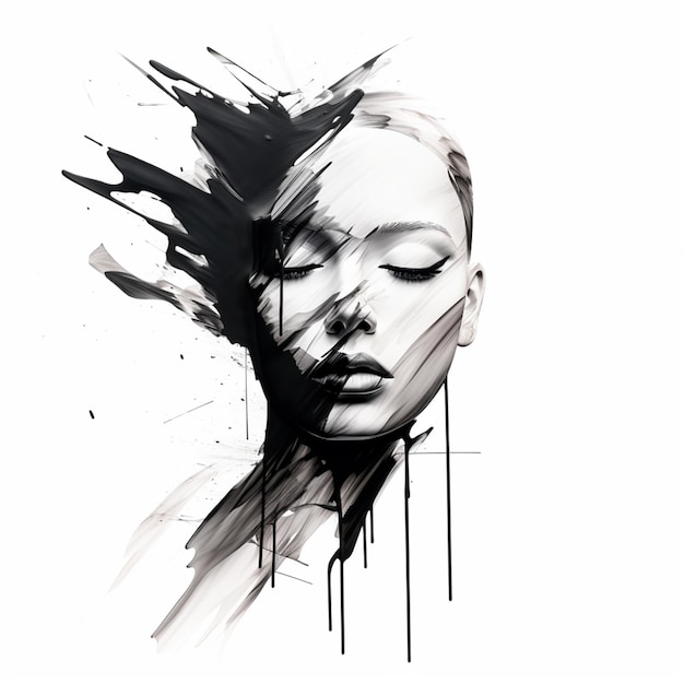un gros plan du visage d'une femme avec une peinture en noir et blanc