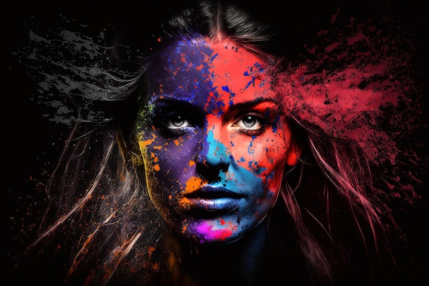 Gros plan du visage d'une femme avec de la poudre festive holi multicolore sur fond noir AI générative