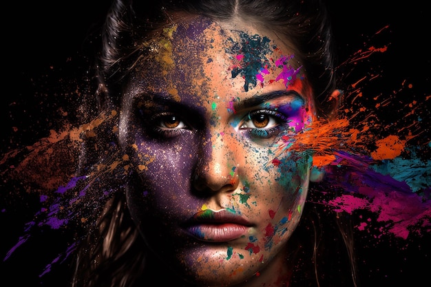 Gros plan du visage d'une femme avec de la poudre festive holi multicolore Generative AI