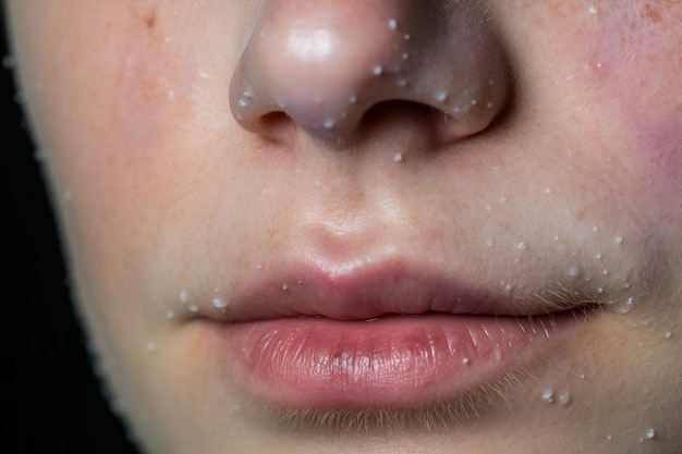 un gros plan du visage d'une femme avec des taches blanches sur le nez