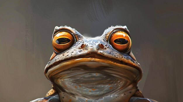 Un gros plan du visage d'une grenouille La grenouille regarde la caméra avec ses grands yeux orange Sa peau est lisse et humide L'arrière-plan est flou